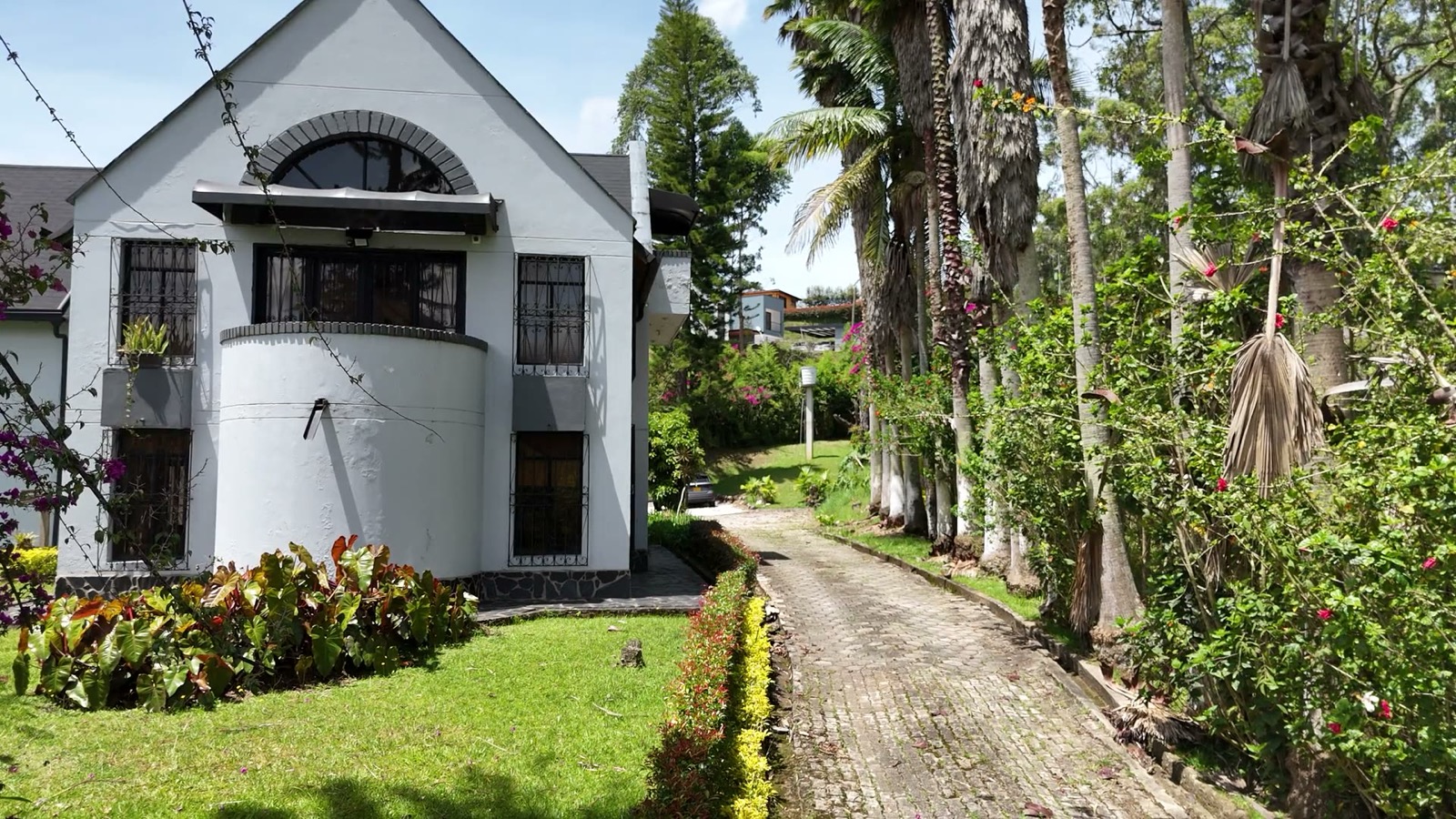 Video aéreo de la fachada y los jardines de palmeras