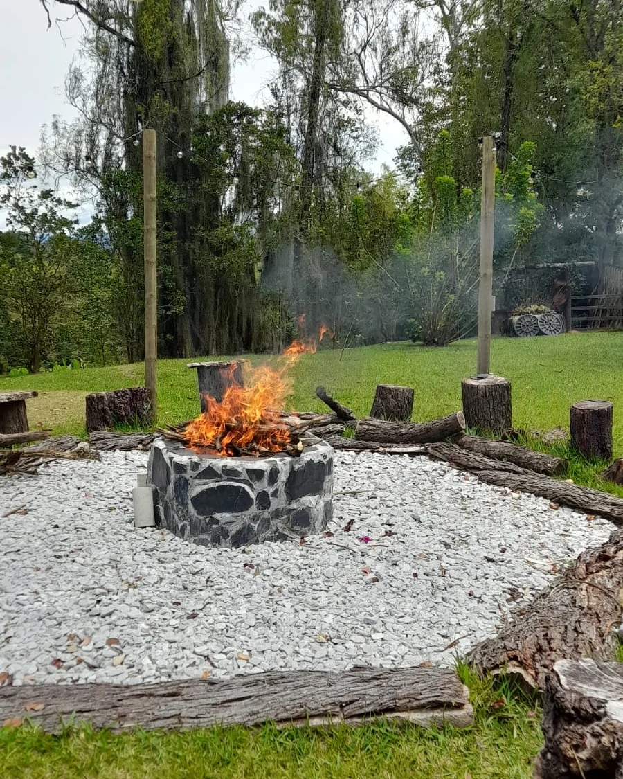 Fogón encendido rodeado de troncos